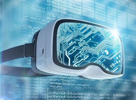 occhiali per realtà virtuale, hacker futuristico, tecnologia Internet e concetto di rete