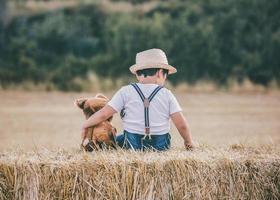 ragazzo che abbraccia orsacchiotto nel campo di grano foto