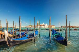 gondole ormeggiate ormeggiate sull'acqua a venezia. gondolieri navigabili nel bacino di san marco foto