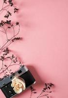 vuoto per decorare cartoline o un buono regalo per un fotografo. vecchia fotocamera su sfondo rosa con fiori secchi grigi e spazio per il testo foto