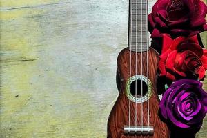 rosa rossa su un manico e tastiera viola per ukulele di chitarra. foto