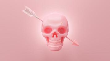 un teschio rosa è stato colpito alla testa da una freccia o da un dardo. concetto di idea minima, rendering 3d. foto