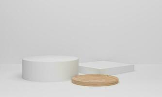 scena di parete bianca minima del podio di legno del cerchio. piattaforme a podio cilindrico per la presentazione di prodotti cosmetici. rendering 3D foto