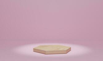 podio in legno con faretti su sfondo rosa. piedistallo per la cerimonia di premiazione. piattaforma per la presentazione del prodotto. rendering 3D foto