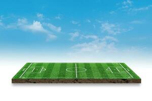 rendering 3D. campo di erba verde di calcio su sfondo blu cielo. foto