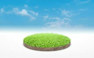 Rendering 3d, podio circolare del prato terrestre. sezione trasversale del suolo del suolo con erba verde sopra il fondo del cielo blu. foto