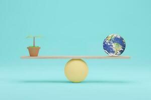 globo terrestre vs piantine su scale, illustrazione 3d. concetto di equilibrio di ecologia e costi. elementi di questa immagine forniti dalla nasa foto