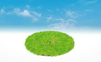 Rendering 3d, podio circolare del prato terrestre. sezione trasversale del suolo del suolo con erba verde sopra il fondo del cielo blu. foto