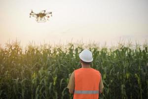 ingegnere maschio che controlla i droni che spruzzano fertilizzanti e pesticidi su terreni agricoli, innovazioni ad alta tecnologia e agricoltura intelligente foto
