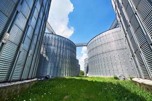 silos agricoli. esterno dell'edificio. stoccaggio ed essiccazione di cereali, grano, mais, soia, girasole contro il cielo blu con nuvole bianche foto