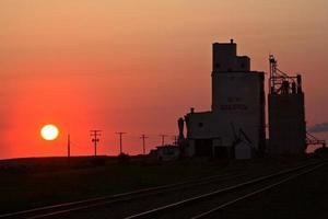 sole che tramonta dietro il terminale del grano del sopracciglio nel saskatchewan foto