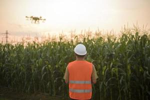 ingegnere maschio che controlla i droni che spruzzano fertilizzanti e pesticidi su terreni agricoli, innovazioni ad alta tecnologia e agricoltura intelligente foto