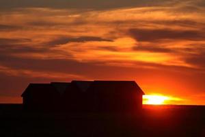 tramonto dietro un edificio agricolo del saskatchewan foto