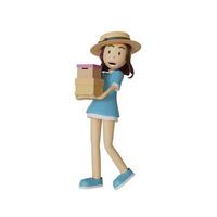 ragazza che indossa un cappello e una camicia blu di grandi dimensioni, sorridente in modo carino, con in mano una scatola della spesa. su uno sfondo bianco, illustrazione 3d foto