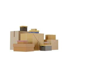 cassetta dei pacchi, diverse scatole su sfondo bianco, illustrazione 3d foto