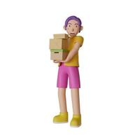 uomo in camicia gialla pantaloni viola con in mano una scatola della spesa su sfondo bianco. illustrazione 3d foto
