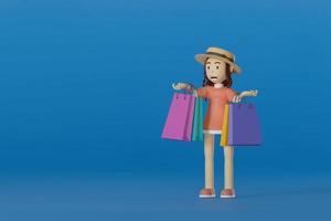 ragazza ritratto che indossa un cappello e una camicia rosa oversize, sorridente, con in mano una borsa della spesa colorata su sfondo blu. , illustrazione di rendering 3d foto