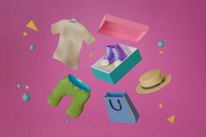 sfondo rosa articoli vestiti scatola di scarpe signora cappello shopping bag icona galleggiante nell'angolo, minimo, illustrazione di rendering 3d foto