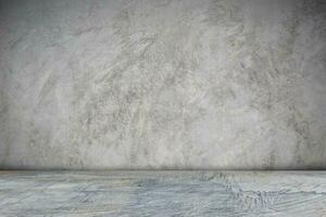 struttura astratta della parete di lerciume. muro di cemento grigio e pavimento in metallo sfondo interno per opere d'arte di design. stanza di cemento vuota in vista prospettica foto