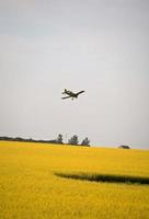 aereo cropduster che fa girare per spruzzare un campo del saskatchewan foto