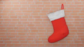 calzino rosso di Babbo Natale su sfondo muro di mattoni, rendering 3d foto