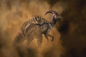 dinosauro parasaurolophus su sfondo fumo foto