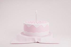 illustrazione del rendering 3d della torta di compleanno carina colore rosa tenue con una candela sul podio di stoffa, torta dolce per un compleanno a sorpresa, festa della mamma, San Valentino su sfondo rosa. foto