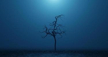 albero appassito, morto, storto. fumo blu surreale, nebbia. concetto astratto luogo cupo e spaventoso. rendering 3D foto