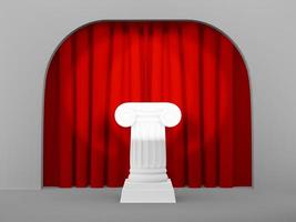 colonna astratta del podio sullo sfondo grigio chiaro arco con cortina rossa. il piedistallo della vittoria è un concetto minimalista. rendering 3D. foto