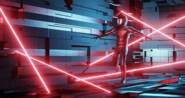 un uomo vestito da motociclista, un astronauta in un interno fantascientifico passa per protezione laser. concetto di criminalità informatica. rendering 3D foto
