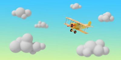 l'aereo giocattolo vola tra le nuvole dei cartoni animati contro il cielo. illustrazione per bambini brillante. rendering 3D. foto