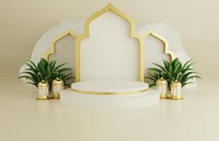 sfondo di crema di saluto ramadan islamico tropicale con lanterne arabe ornamento moschea 3d foto