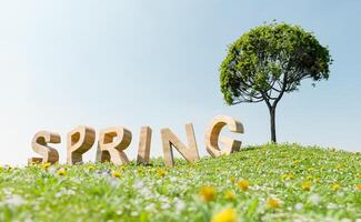 cartello in legno con la parola primavera in un prato foto