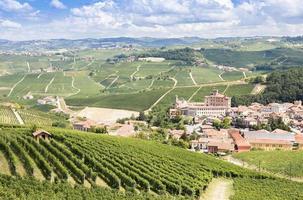 campagna panoramica in regione piemonte, italia. panoramica collina dei vigneti con il famoso castello del barolo.