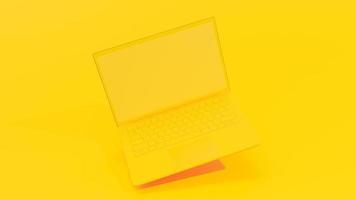 laptop giallo galleggiante e inclinabile su sfondo giallo. modello di computer. concetto di idea minima, rendering 3d. foto