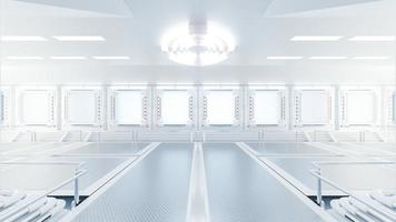 corridoio nella stazione spaziale o in laboratorio decorato con colore grigio. sfondo futuristico e tecnologico, rendering 3d. foto