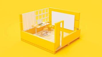 scrivania in camera gialla e laptop sul tavolo. concetto di idea minima, rendering 3d. foto