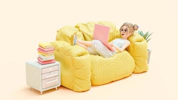 felice giovane donna sdraiarsi sul divano giallo. ama studiare l'apprendimento e la ricerca di informazioni dal computer. il laptop rosa è posizionato sulle ginocchia. personaggio dei cartoni animati, rendering 3d foto