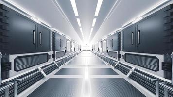 corridoio nella stazione spaziale o in laboratorio e luce intensa dalla parte anteriore. sfondo futuristico e tecnologico, rendering 3d. foto