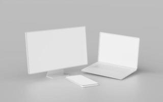 monitor minimalista, laptop e smartphone con mockup di schermo vuoto, rendering 3d foto
