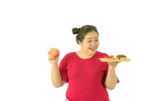 le donne obese asiatiche sono in sovrappeso. con varie emozioni per se stessa, mangiare e fare esercizio foto