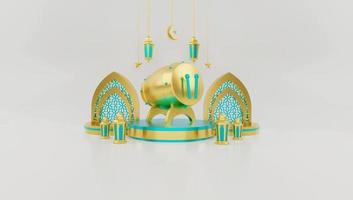 sfondo islamico della decorazione del podio con luna, lanterna e tamburo. concetto di design ramadan kareem, iftar, isra miraj, eid al fitr adha, muharram, testo dello spazio di copia, illustrazione 3d. foto