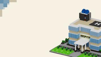 3d rendering voxel sfondo dell'edificio ospedaliero con combinazione di colori bianco, blu, nero, verde e beige. perfetto per il banner del programma della campagna ospedaliera foto