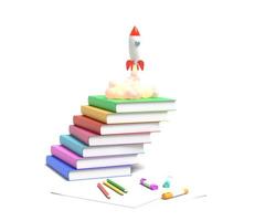 il razzo giocattolo decolla dai libri emettendo fumo su uno sfondo bianco. simbolo di desiderio di educazione e conoscenza. illustrazione della scuola. rendering 3D. foto