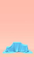 podio, piedistallo o pedana ricoperti di tela blu su sfondo rosa. illustrazione astratta di semplici forme geometriche. rendering 3D. foto