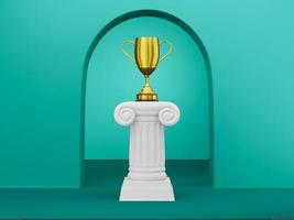 colonna astratta del podio con un trofeo d'oro su sfondo verde con arco. il piedistallo della vittoria è un concetto minimalista. rendering 3D. foto