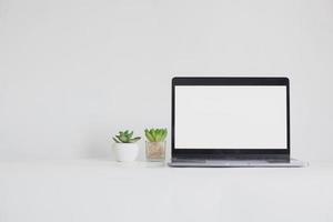 laptop con schermo vuoto e due succulenti isolati su sfondo bianco con spazio per la copia foto