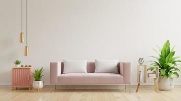 mockup di parete interna con parete bianca vuota, divano rosa su pavimento in legno e parete bianca.