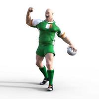 Illustrazione 3d di un giocatore di rugby irlandese mentre pompano l'aria per festeggiare dopo aver segnato una prova e aver vinto la partita di rugby del campionato. un personaggio stilizzato di rugby con caratteristiche da supereroe. foto