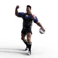 Illustrazione 3d di un giocatore di rugby francese mentre pompano l'aria per festeggiare dopo aver segnato una prova e aver vinto la partita di rugby del campionato. un personaggio stilizzato di rugby con caratteristiche da supereroe. foto